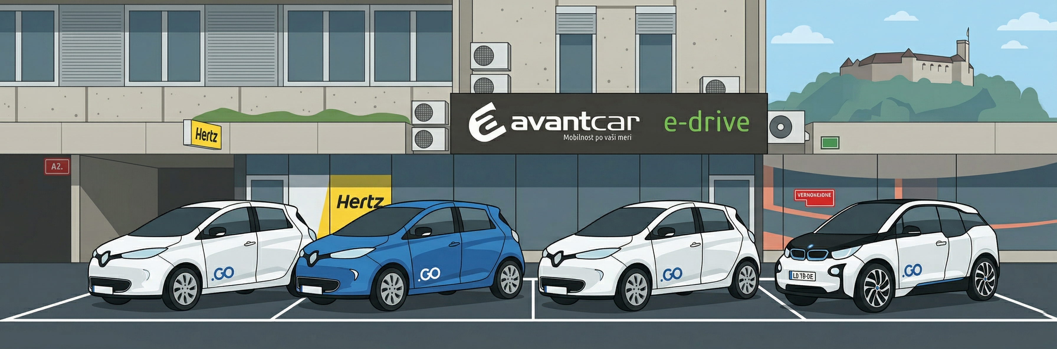 Illustrative depiction of Avant Car d.o.o. premises and vehicles at Dunajska cesta, Ljubljana